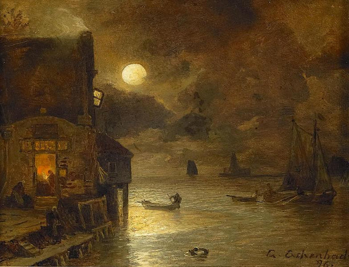 Night of full Moon at the Quay, vintage artwork by Andreas Achenbach, A3 (16x12