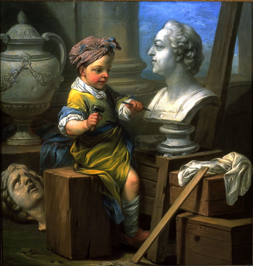 Allegories of the Fine Arts as Children - Sculpture, vintage artwork by Carle van Loo, 12x8" (A4) Poster