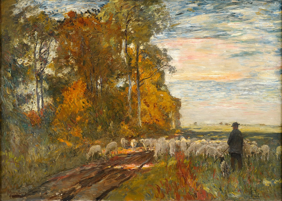 Autumn Landscape with Shepherd and Flock by Olaf Jernberg,A3(16x12")Poster