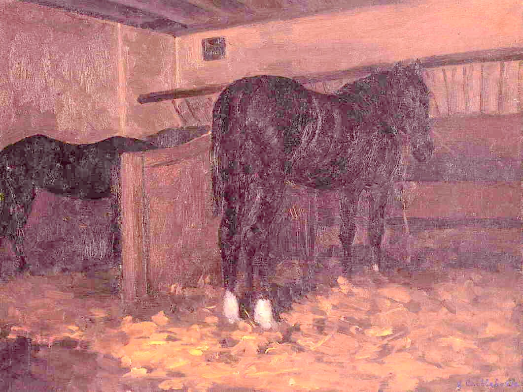 Horses in the Stable, vintage artwork by Gustave Caillebotte, 12x8" (A4) Poster
