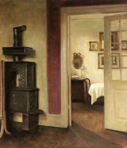 An Interior with a Stove and a View into a Dining Room, vintage artwork by Carl Vilhelm Holsøe, 12x8" (A4) Poster