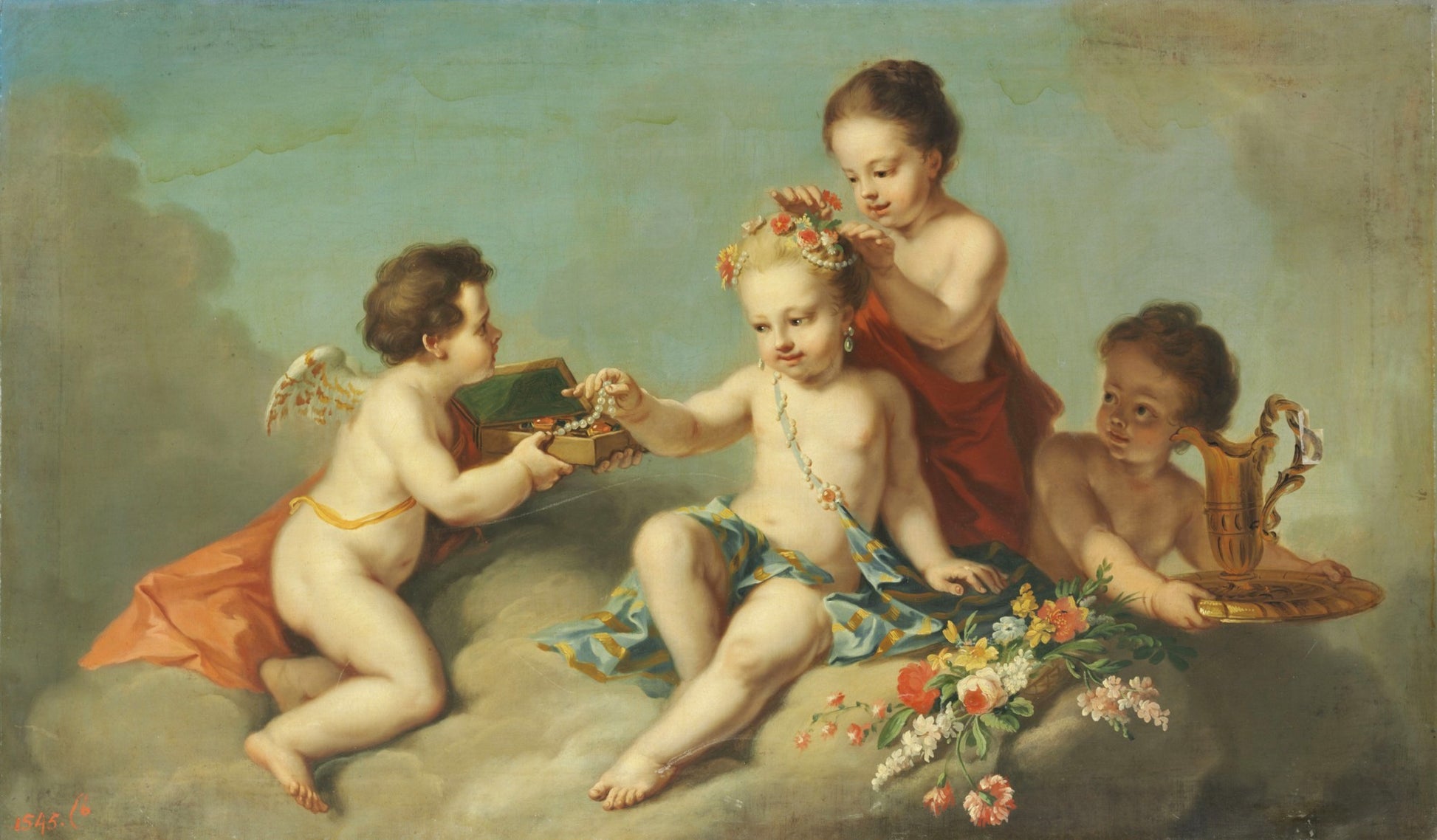 Children Floating on Clouds with Jewelry, Flowers and a Cup, vintage artwork by Johann Heinrich Tischbein the Elder, 12x8" (A4) Poster