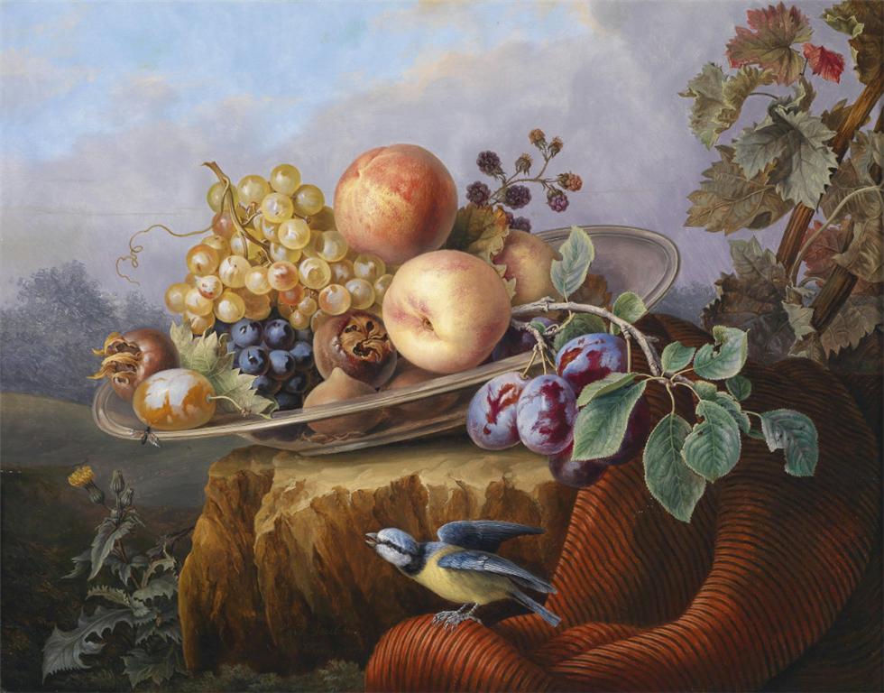 Still Life with Fruit and a Bird, Set against a Landscape, vintage artwork by Karl Gruber, A3 (16x12") Poster Print