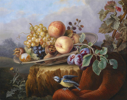 Still Life with Fruit and a Bird, Set against a Landscape, vintage artwork by Karl Gruber, A3 (16x12") Poster Print