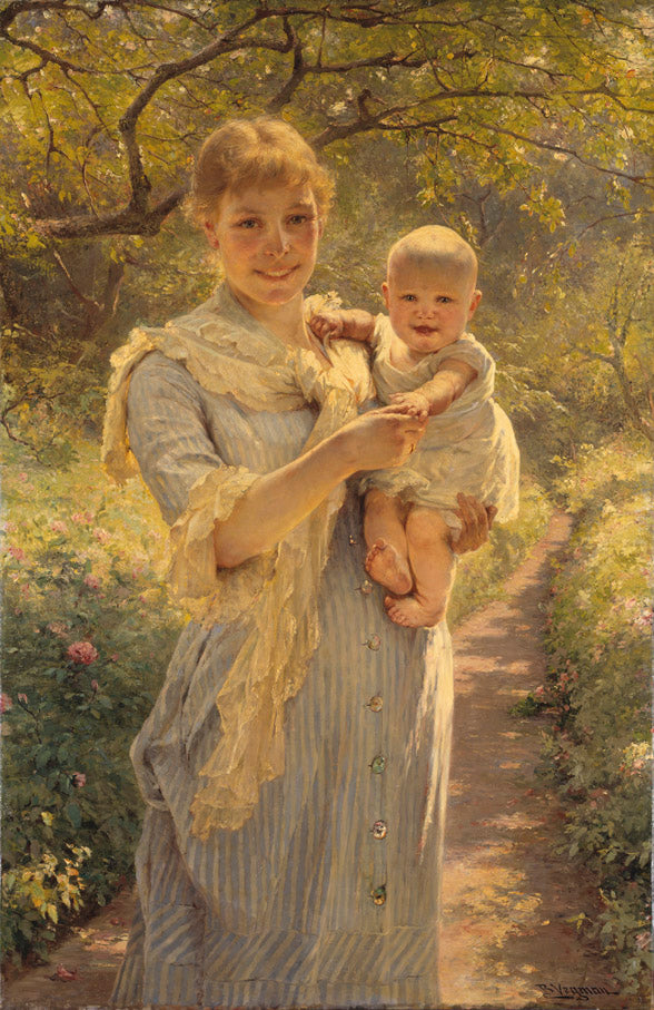 Young Mother With Her Child In The Garden, vintage artwork by Bertha Wegmann, 12x8" (A4) Poster