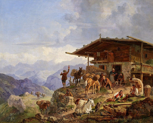 Arrival at the Inn, vintage artwork by Heinrich Bürkel, A3 (16x12") Poster Print