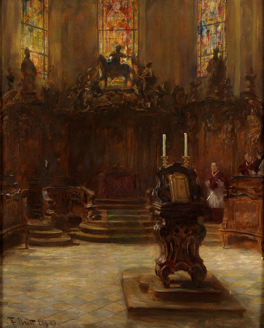 Choir Stalls in the Cathedral of Mainz, vintage artwork by Ferdinand Brütt, 12x8" (A4) Poster