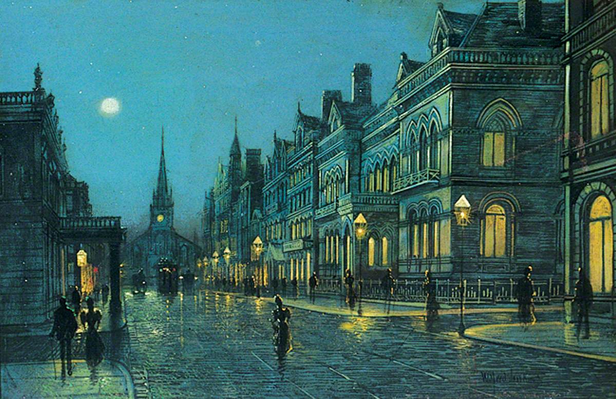 Park Row at Night, vintage artwork by Wilfred Jenkins, 12x8" (A4) Poster