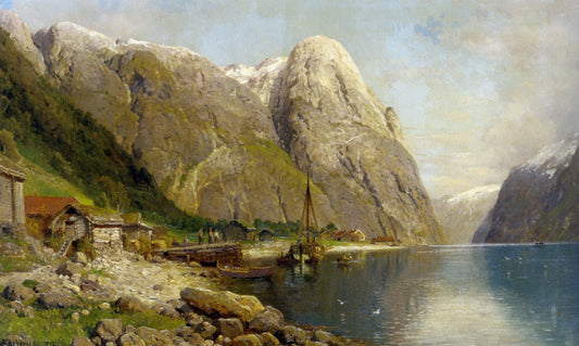 A Village on a Fjord, vintage artwork by Anders Monsen Askevold, 12x8" (A4) Poster