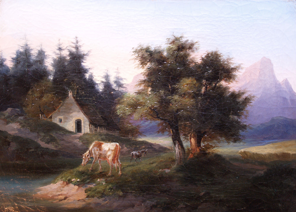 Cow and Goat in the Alpine Landscape, vintage artwork by Friedrich Gauermann, A3 (16x12") Poster Print