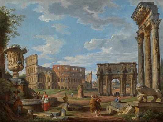 Capriccio with the Colosseum and the Arch of Constantine, vintage artwork by Giovanni Paolo Panini, 12x8" (A4) Poster