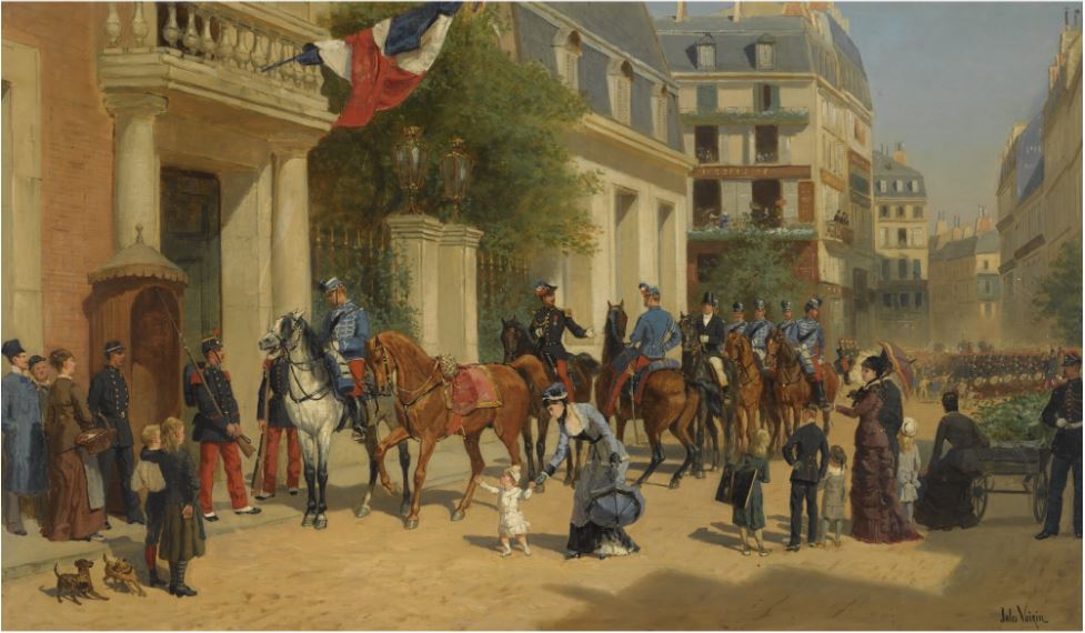 Defile sur une rue de Paris, vintage artwork by Leon Joseph Voirin, 12x8" (A4) Poster