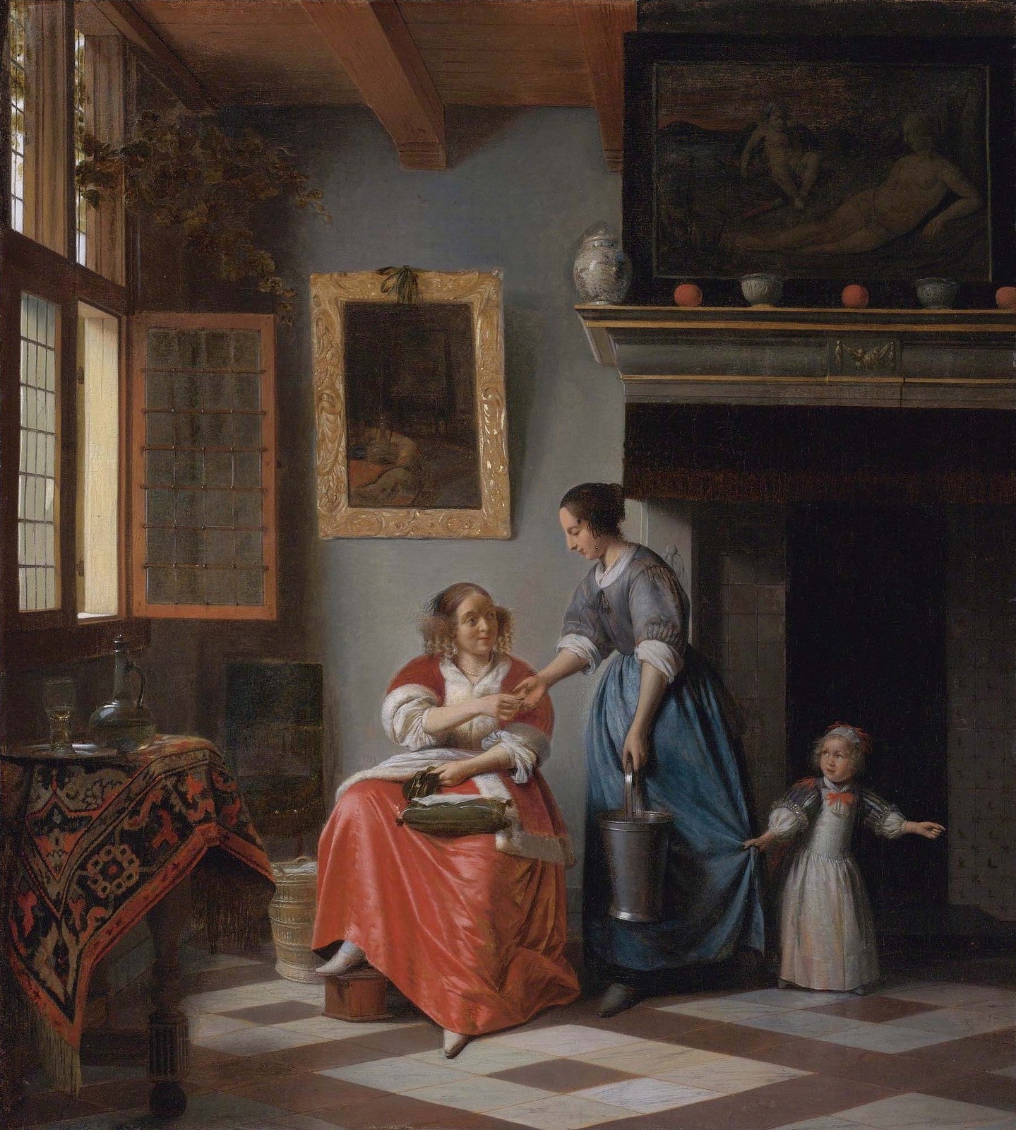 Woman hands over money to her servant, vintage artwork by Pieter de Hooch, 12x8" (A4) Poster