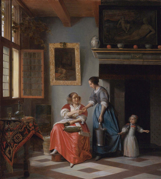 Woman hands over money to her servant, vintage artwork by Pieter de Hooch, 12x8" (A4) Poster