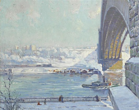 Washington Bridge, Winter, vintage artwork by Robert Graham, 12x8" (A4) Poster