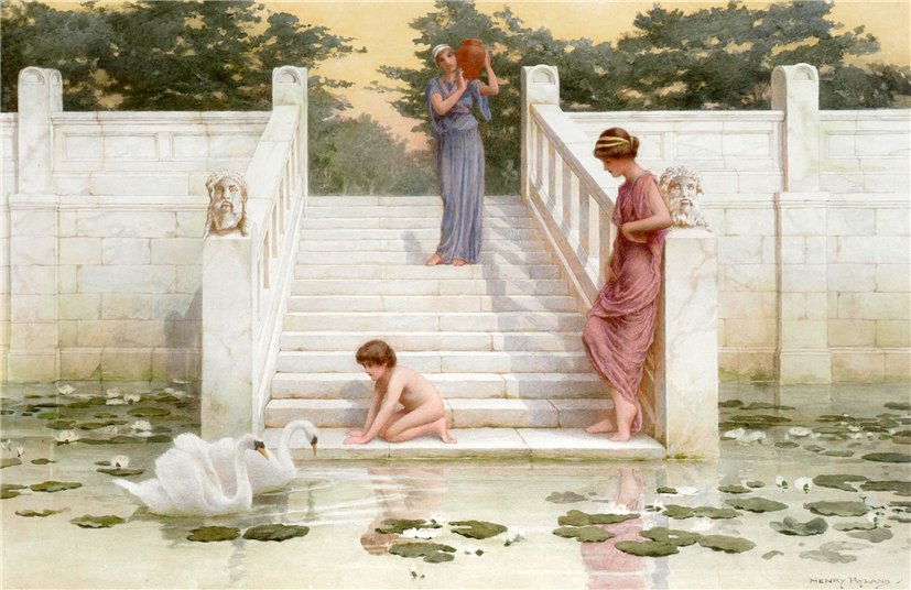 Admiring the Swans, vintage artwork by Henry Ryland, 12x8" (A4) Poster