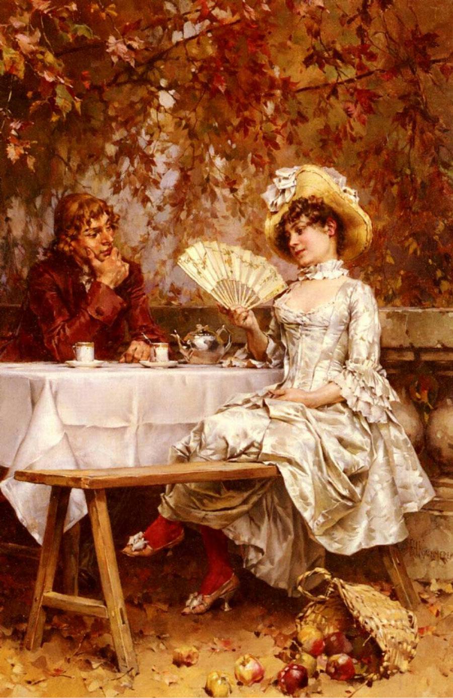 Tea In The Garden, Autumn, vintage artwork by Frederik Henrdik Kaemmerer, 12x8" (A4) Poster