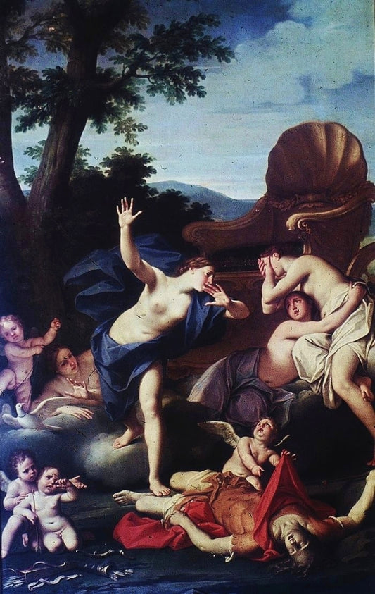 Story of Venus and Diana - Venus Finding the Dead Adonis, vintage artwork by Marcantonio Franceschini, 12x8" (A4) Poster