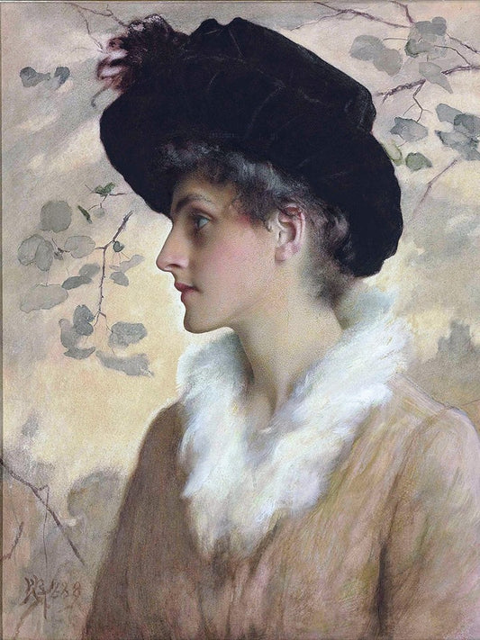 Portrait of a lady, wearing a black hat and fur stole, vintage artwork by George Henry Boughton, 12x8" (A4) Poster
