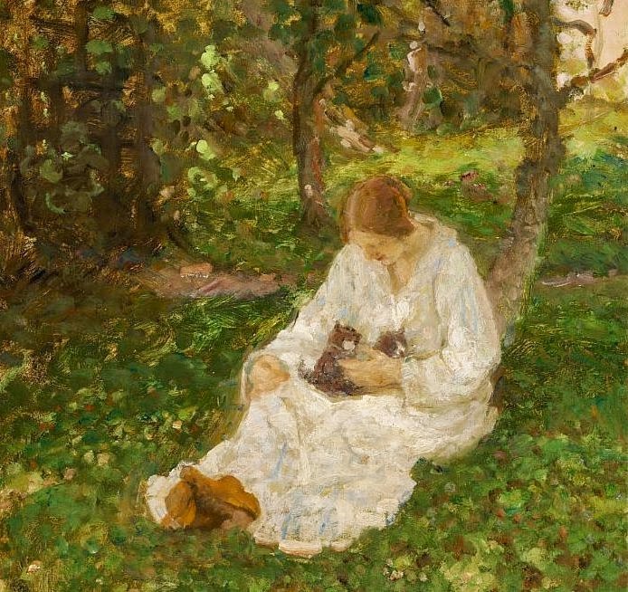 A young woman with two kittens, vintage artwork by Julius Paulsen, 12x8" (A4) Poster