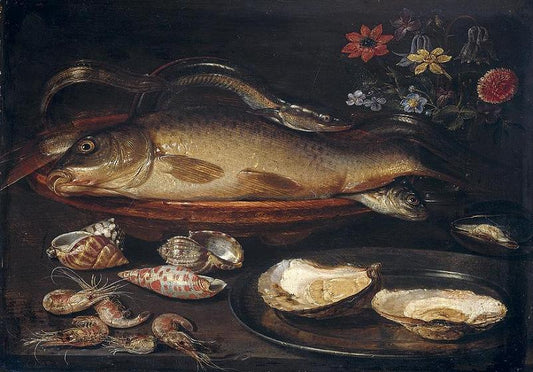 Still Life with fish, vintage artwork by Clara Peeters, 12x8" (A4) Poster