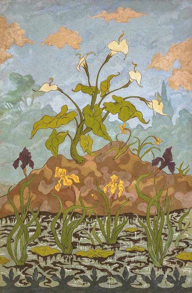 Arums and Irises, vintage artwork by Paul Ranson, 12x8
