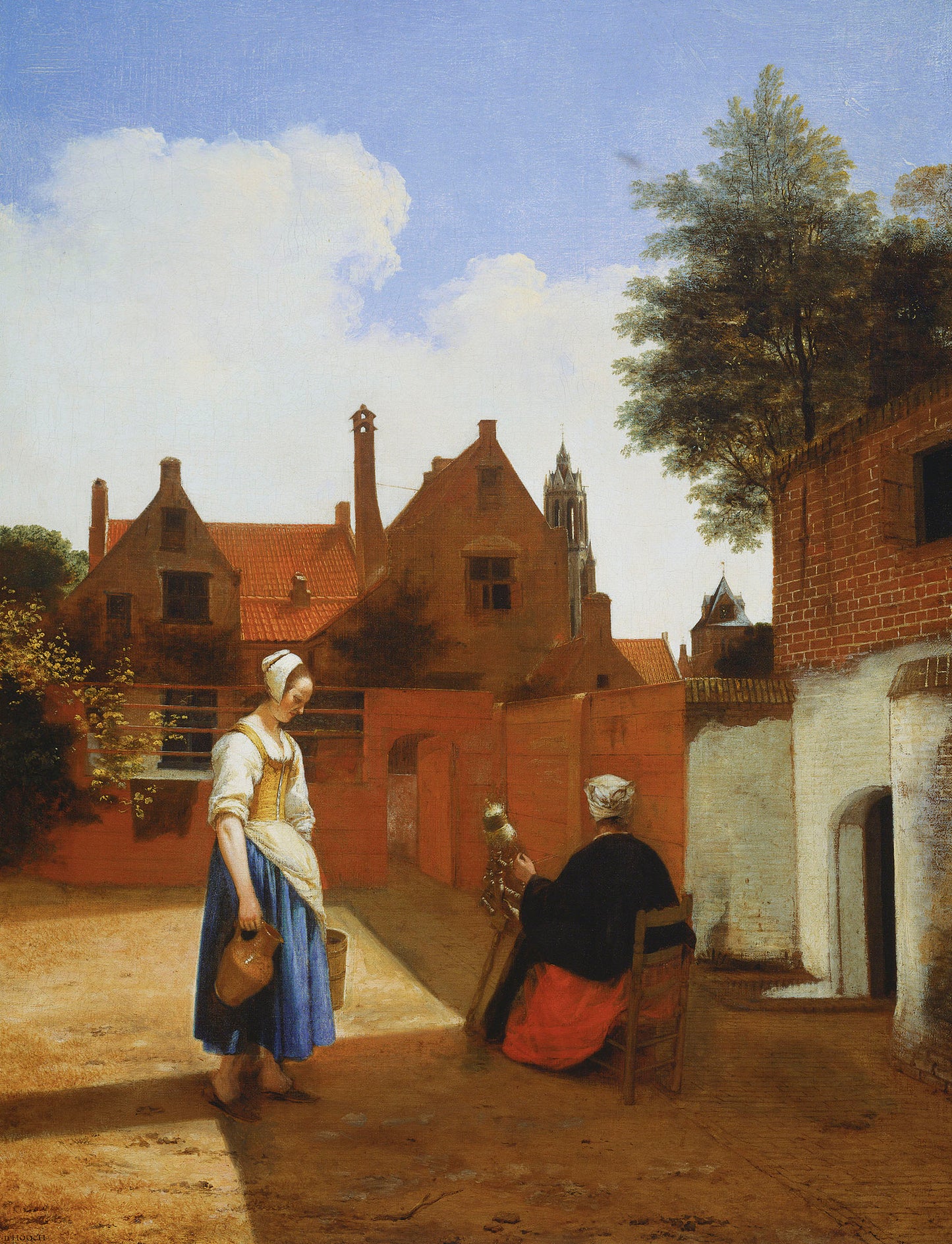 A Courtyard at Delft Evening: A Woman Spinning, vintage artwork by Pieter de Hooch, 12x8" (A4) Poster