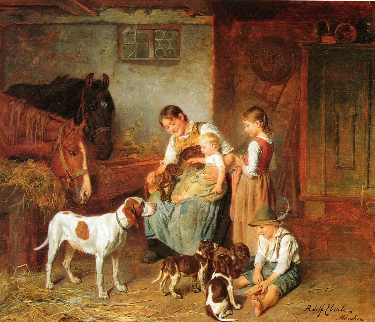 Family in a barn, vintage artwork by Adolf Eberle, 12x8" (A4) Poster