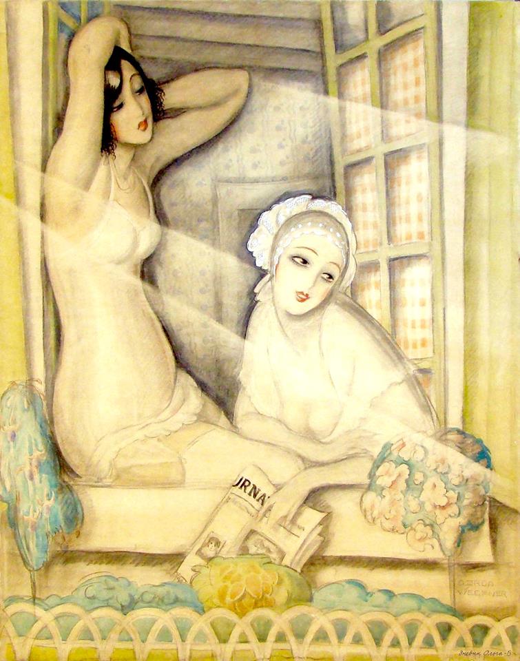 Two Women in a Window, vintage artwork by Gerda Wegener, 12x8" (A4) Poster
