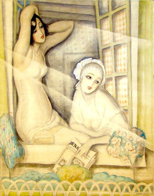 Two Women in a Window, vintage artwork by Gerda Wegener, 12x8" (A4) Poster