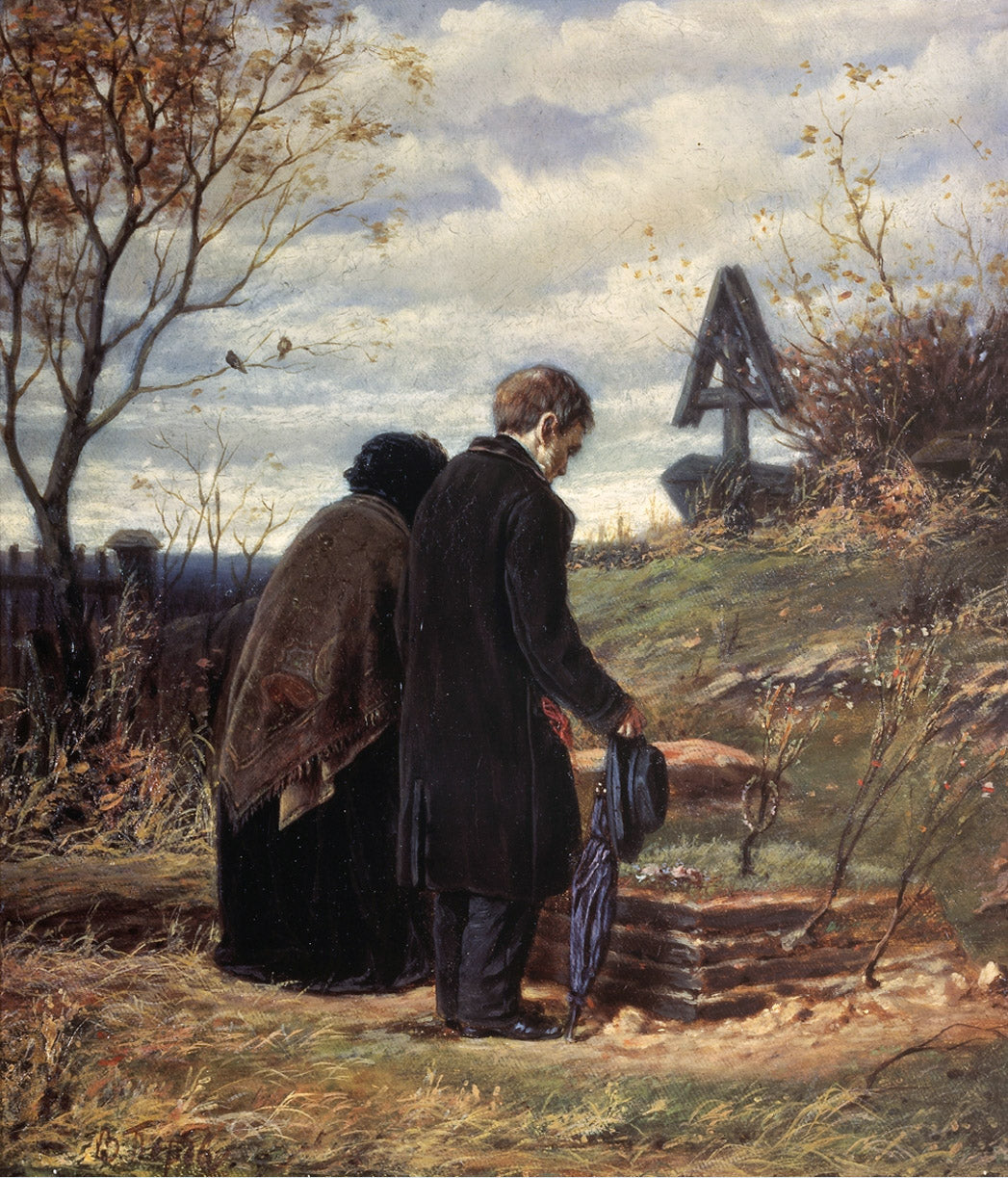 Elderly Couple Visiting the Son's Grave, vintage artwork by Vasily Grigoryevich Perov, 12x8" (A4) Poster
