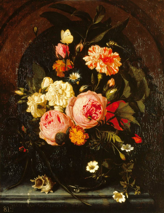 Still Life with Flowers, Insects and a Shell, vintage artwork by Maria van Oosterwijck, 12x8" (A4) Poster