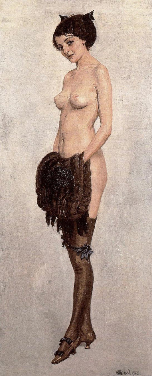 Lady with muff, vintage artwork by Edward Okuń, 12x8" (A4) Poster