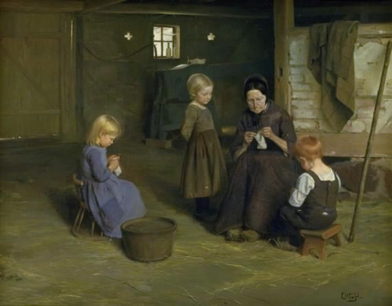 A Knitting Lesson, vintage artwork by Carl Otto Haslund, 12x8" (A4) Poster