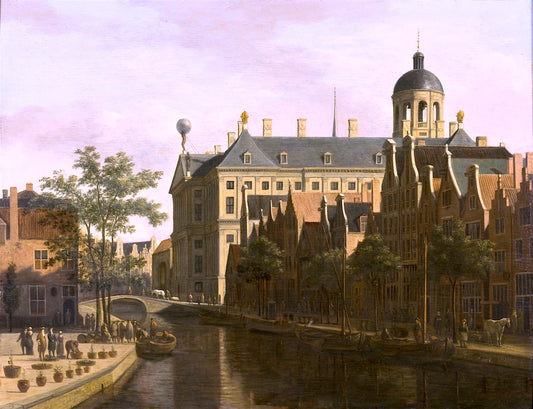 The Nieuwezijds Voorburgwal with the Flower and Tree Market in Amsterdam, vintage artwork by Gerrit Adriaensz.Berckheyde, 12x8" (A4) Poster