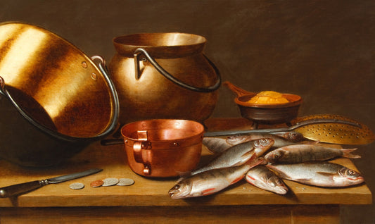 A Still life of Fish with Copperware on a Table, vintage artwork by Floris van Schooten, 12x8" (A4) Poster