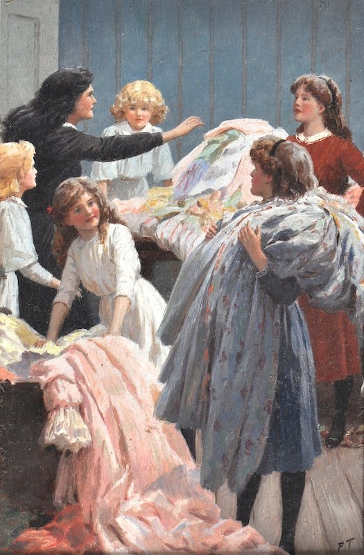 g girls playing with a clothes from a trunk by Percy Tarrant,16x12(A3) Poster