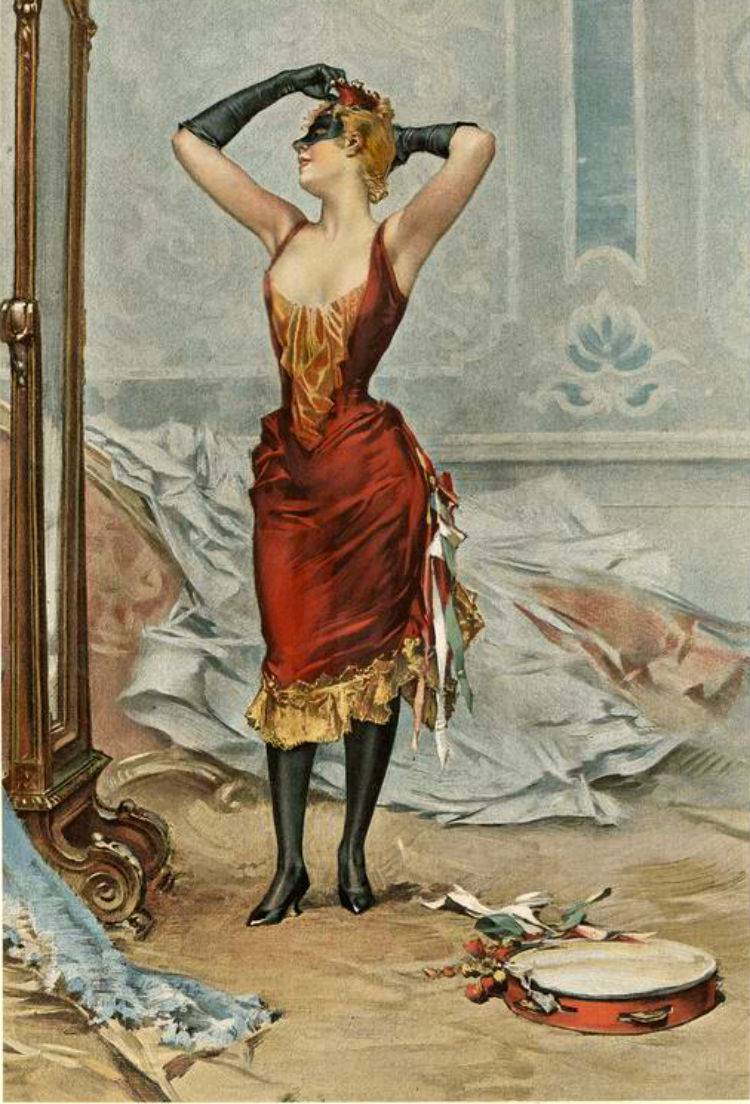 Woman in a masquerade costume looking in a mirror, vintage artwork by Frederik Henrdik Kaemmerer, 12x8" (A4) Poster