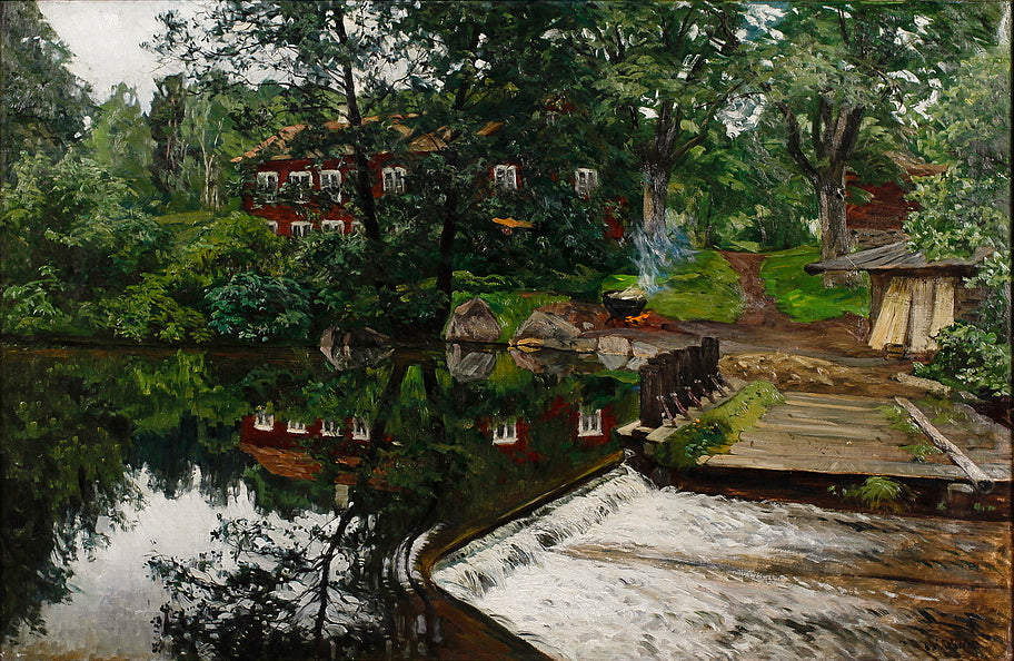 Red House Reflected in a Pond, vintage artwork by Olof Arborelius, 12x8" (A4) Poster