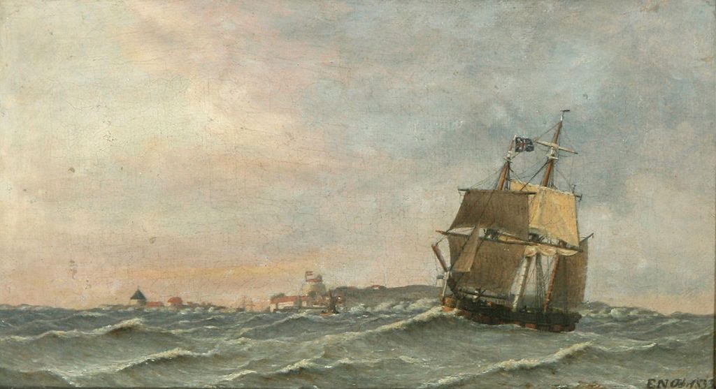 An English barque along the coast of Christiansø Island, vintage artwork by Emil Normann, A3 (16x12") Poster Print