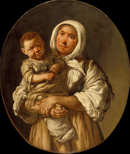 A Peasant Mother with Her Child in Her Arms, vintage artwork by Giacomo Ceruti, 12x8" (A4) Poster