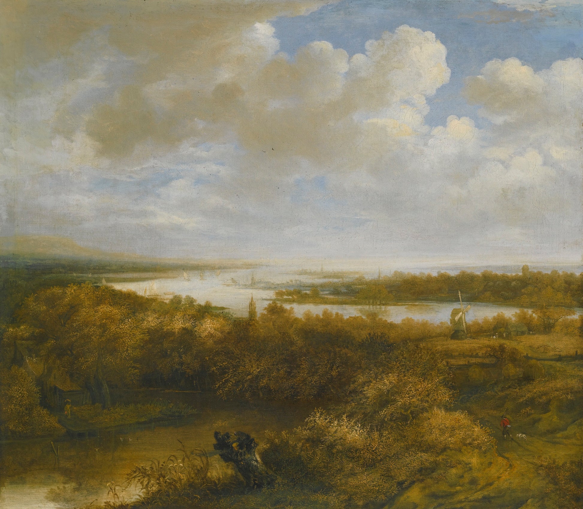 Dune Landscape with a Hunter And His Dog Walking, a Windmill, And Sailing Boats on the Water, vintage artwork by Philips Koninck, 12x8" (A4) Poster