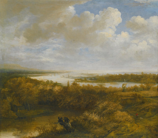 Dune Landscape with a Hunter And His Dog Walking, a Windmill, And Sailing Boats on the Water, vintage artwork by Philips Koninck, 12x8" (A4) Poster