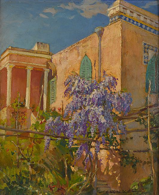 A House with Flowering Trees along the Amalfi Coast of Italy, vintage artwork by Konstantin Westchilov, 12x8" (A4) Poster