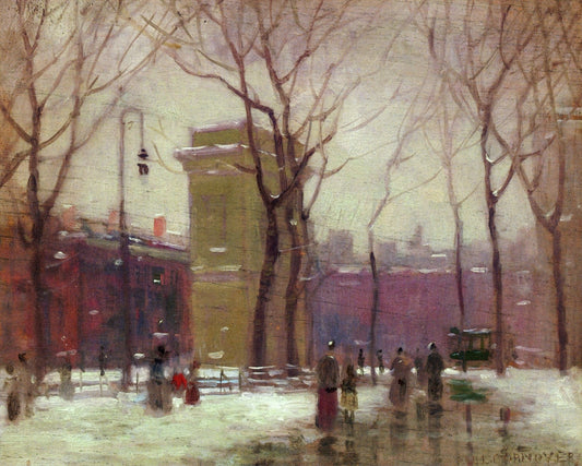 Winter, Washington Square, vintage artwork by Paul Cornoyer, 12x8" (A4) Poster