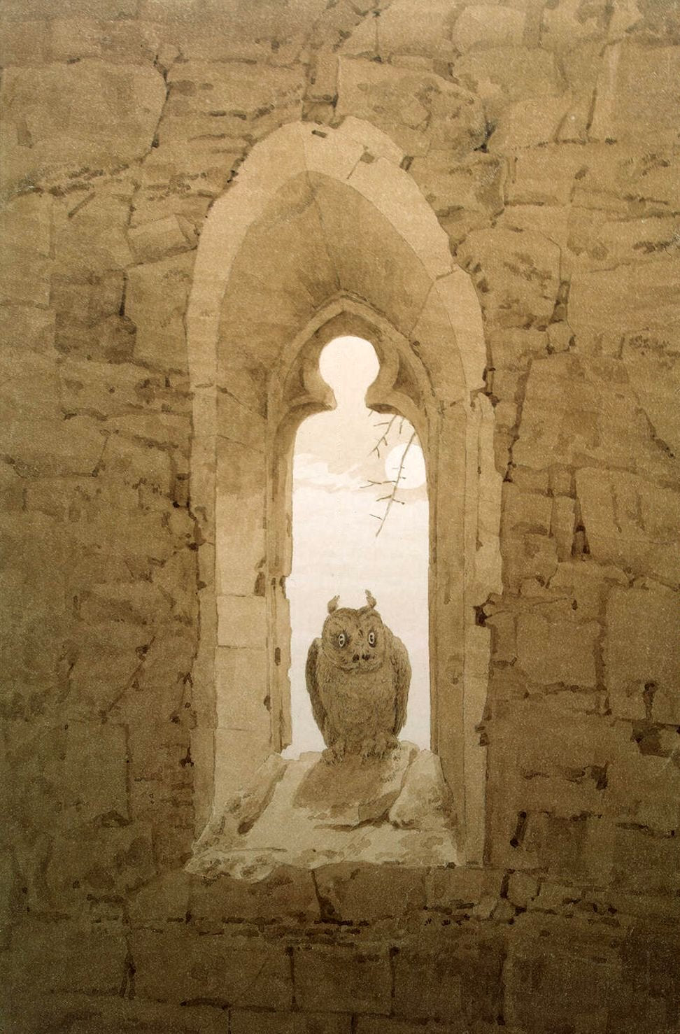 Owl in a Gothic Window, vintage artwork by Caspar David Friedrich, 12x8" (A4) Poster