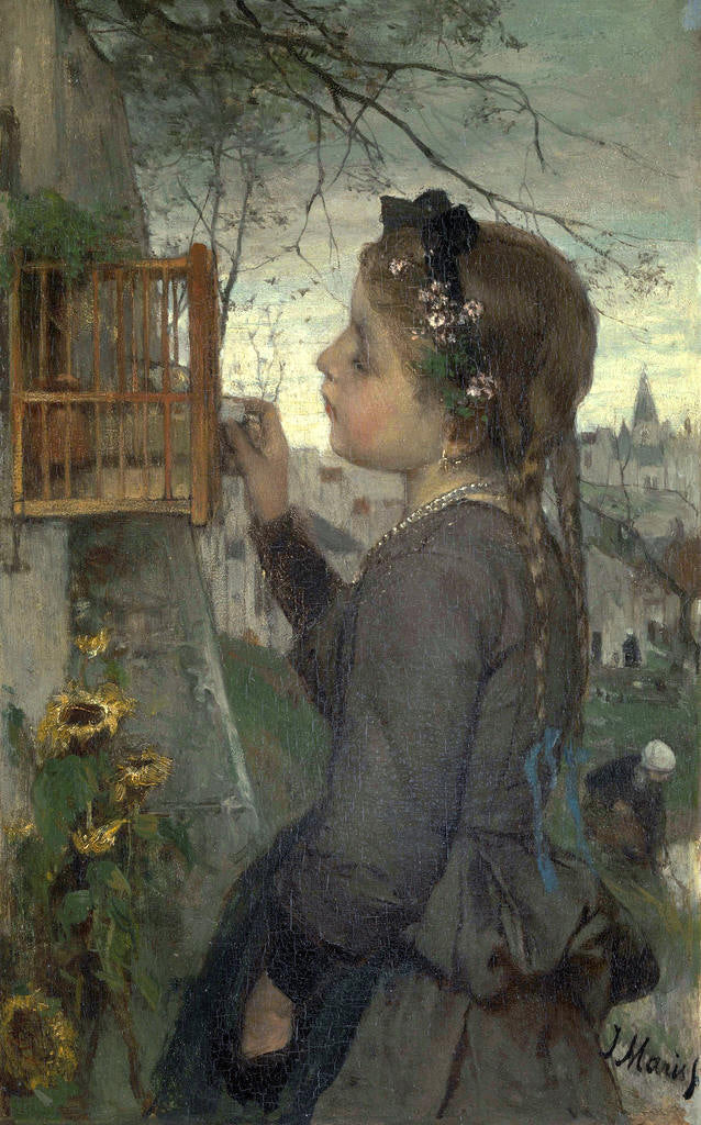 Girl feeding her Bird in a Cage, vintage artwork by Jacob Maris, 12x8" (A4) Poster