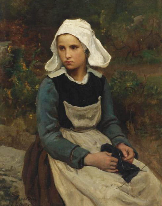 Young Brittany girl knitting, vintage artwork by Jules-Adolphe Breton, 12x8" (A4) Poster