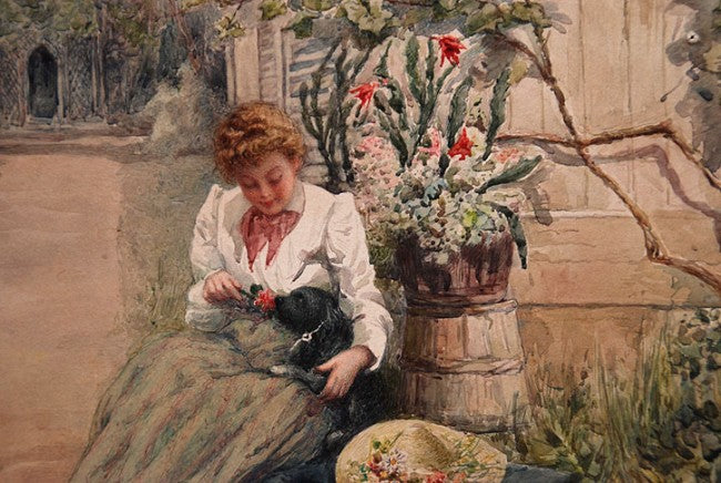 Girl in a Garden with a Puppy on her Lap, vintage artwork by Alfred M. Turner, 12x8" (A4) Poster