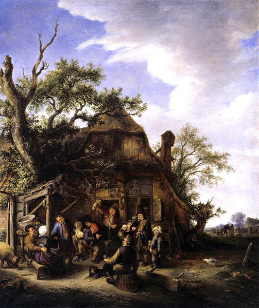 Merry Company of Peasants in front of an Inn, vintage artwork by Adriaen van Ostade, 12x8" (A4) Poster